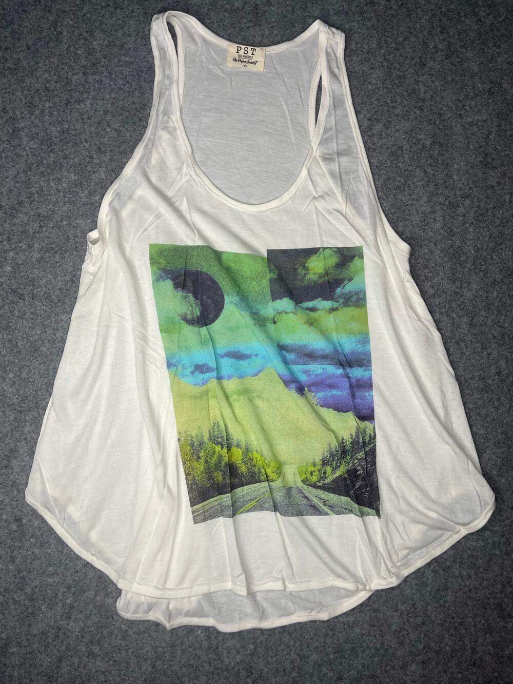 Project Social T white graphic sky & road tank loose fit tapered hem XS NWOT
